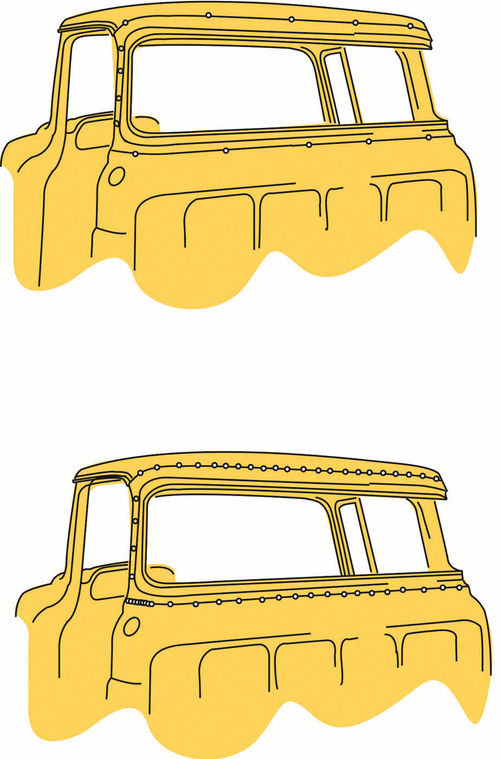 Illustration A & B A. Spot weld in the big back window panel with the first welds about two feet apart rather than trying to weld it in all at once. B. Tack weld back and forth around the window until the panel is completely welded in.